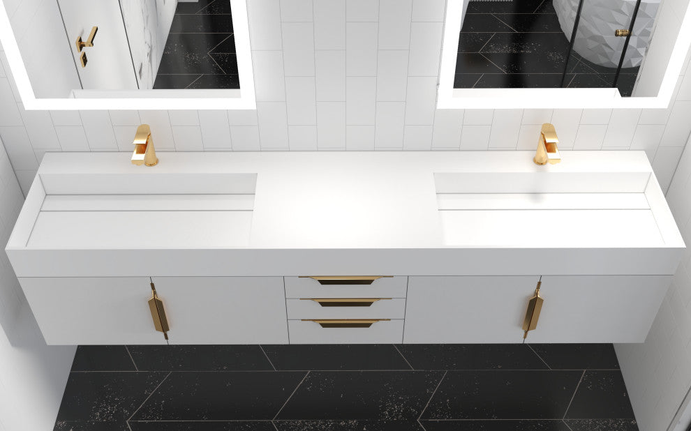 CastelloUSA Amazon 84" Wall Mounted Bathroom Vanity Set, White, White Top, Gold Handles