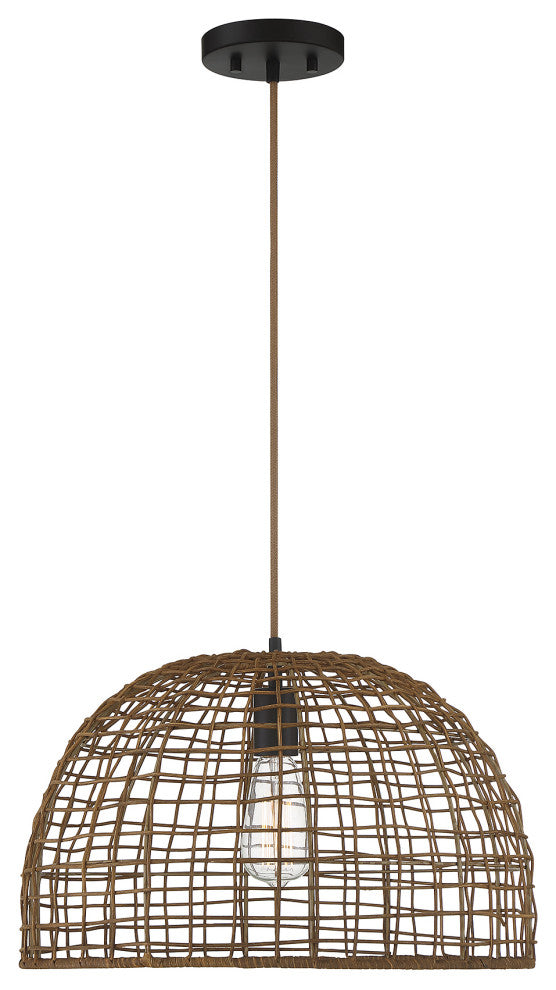 1-Light Pendant, Black With Natural Brass Accents, Dark Rattan