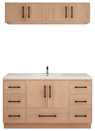 Victoria 60" Solid Wood Vanity Single Sink, Overhead Cabinet, Red Oak