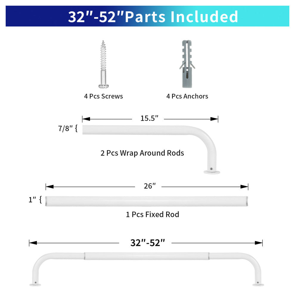 Energy Saving Wrap Around Black Out Return Adjustable Window Curtain Metal Rod, Glossy White, 32-52"