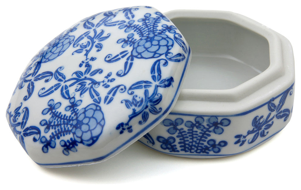 4" Floral Blue and White Small Porcelain Jewelry Box