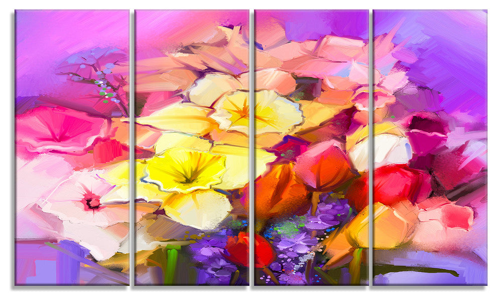 Bouquet of Daffodil and Tulip Flowers, Floral Canvas Print, 48"x28", 4 Panels