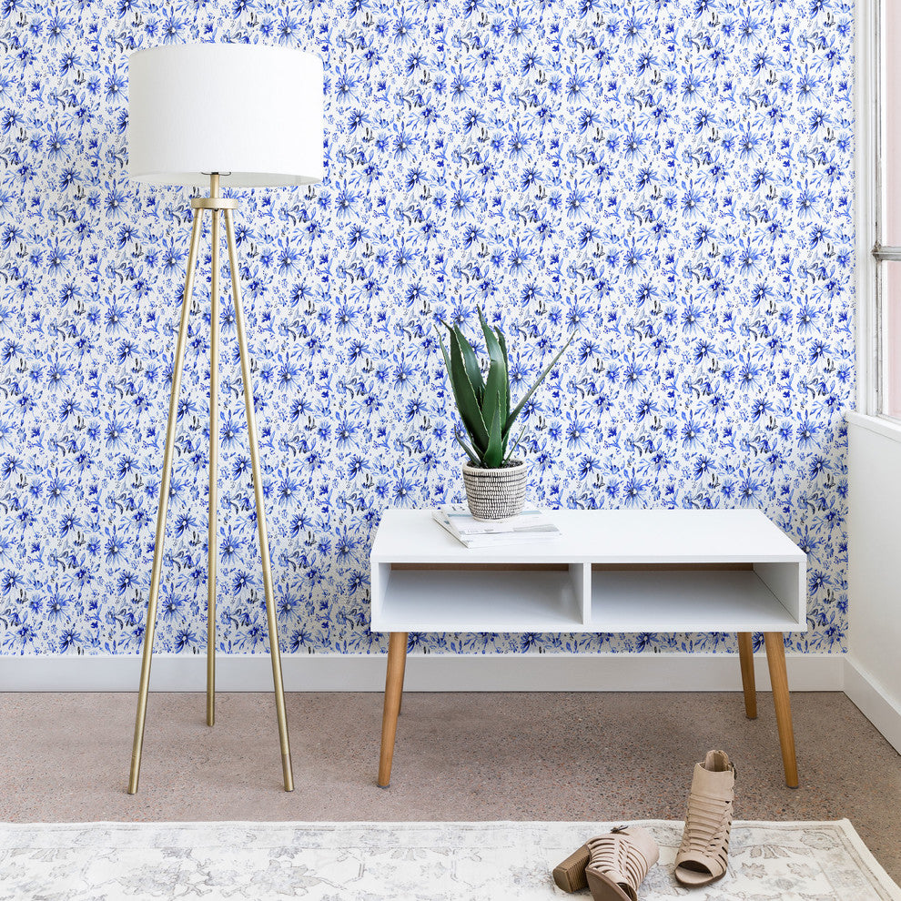 Deny Designs Schatzi Brown Lovely Floral White Blue Wallpaper, Blue, 2'x4'