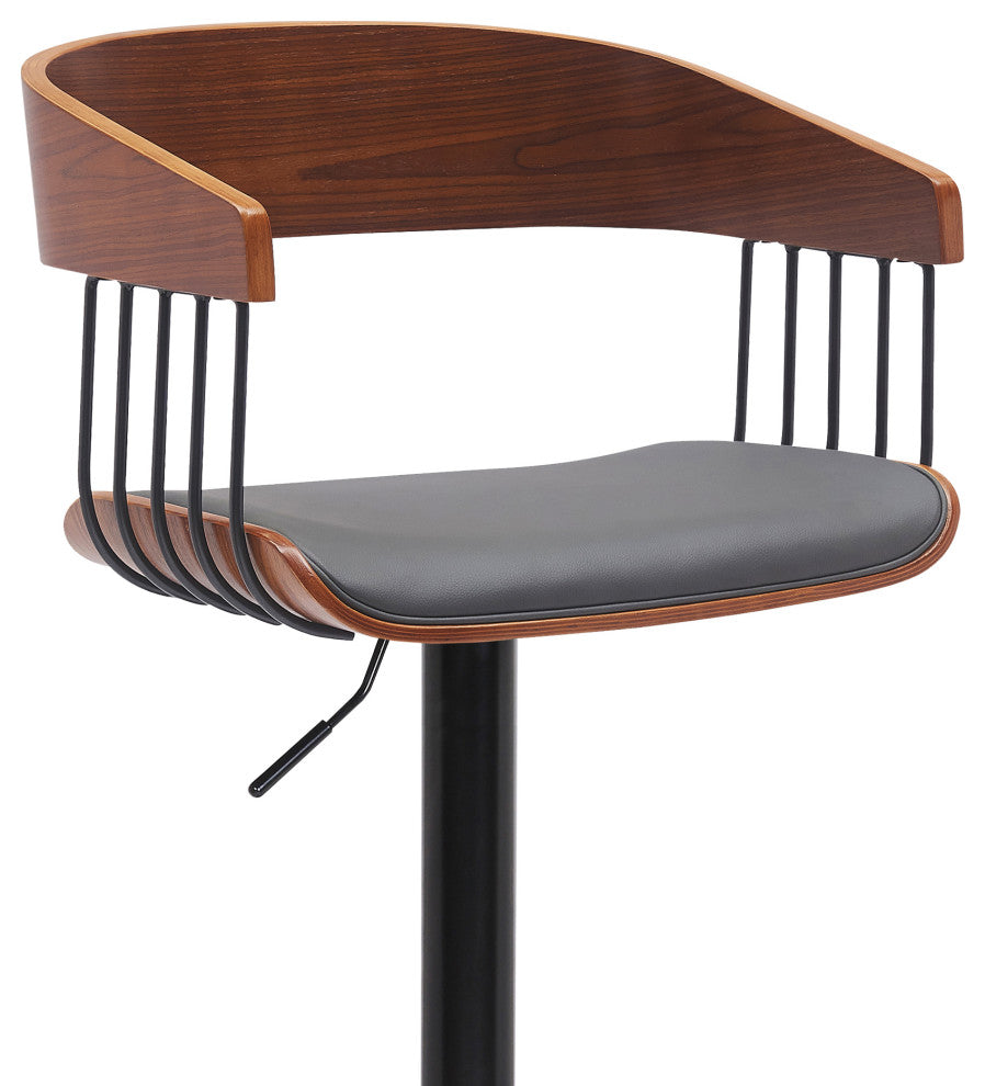 Larisa Adjustable Walnut Wood Bar Stool, Gray Faux Leather With Black Metal