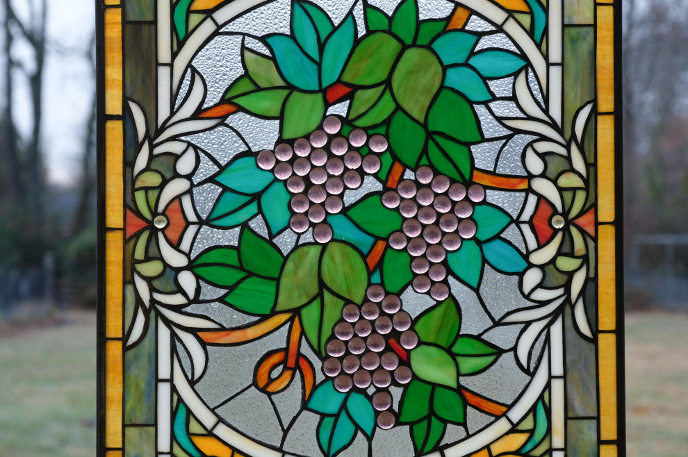 20" x 33.75" Large Handcrafted glass window panel Grape W/ Vine
