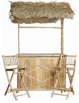 Bamboo Bar With Thatched Roof, Set of 2 Chairs