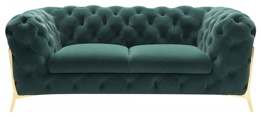 74" Emerald Green And Gold Velvet Loveseat