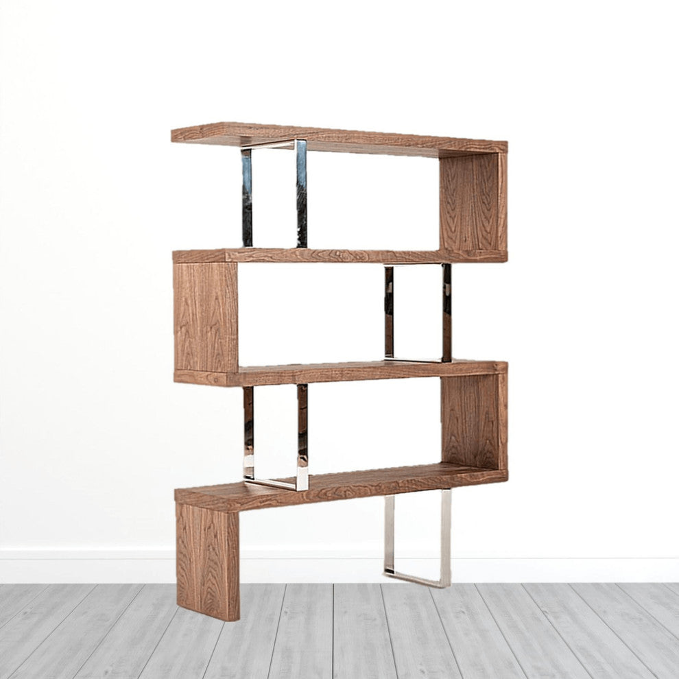67" Walnut Manufactured Wood Four Tier Zig Zag Bookcase