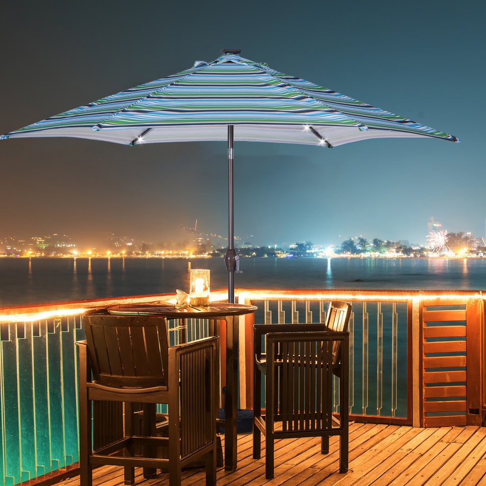 9' Outdoor Patio Steel Market Umbrella With 24 LED Lights, Blue Striped