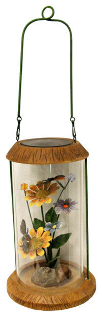LED Lighted Solar Powered Outdoor Garden Lantern With Flowers, 10.5"