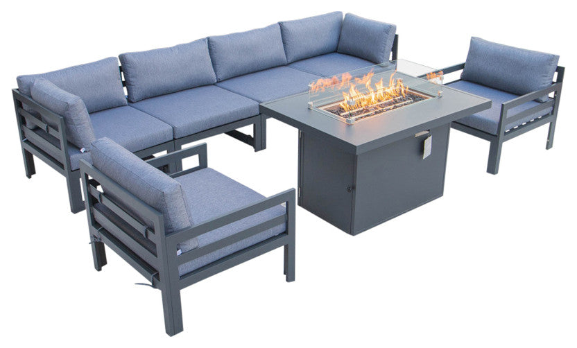 LeisureMod Chelsea 7-Piece Outdoor Sectional With Fire Pit Table, Blue