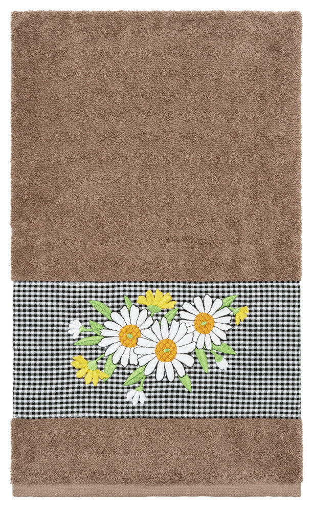 Linum Home Textiles Turkish Cotton Daisy Embellished Bath Towel, Latte