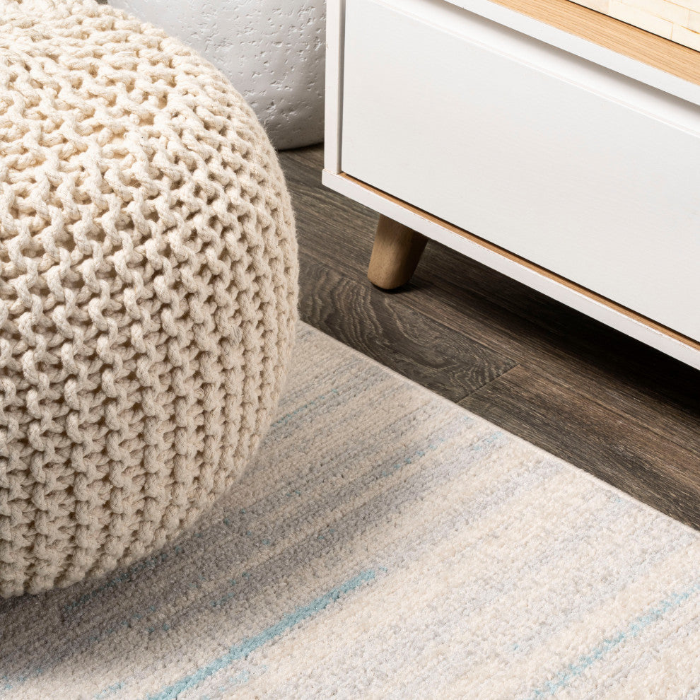 Linear Modern Half-Stripe Area Rug, Blue/Cream, 4 X 6