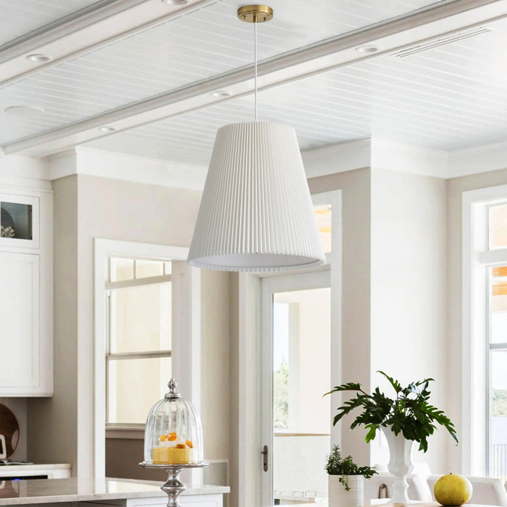 Modern Brass Pendant Lighting With Off-White Pleated Fabric Shade