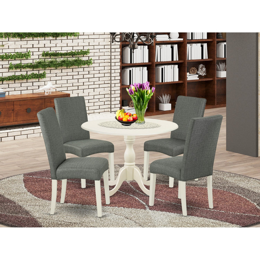 5 Pc Dining Set, 1 Drop Leaves Wooden Table, 4 Grey Chairs, Linen White Finish