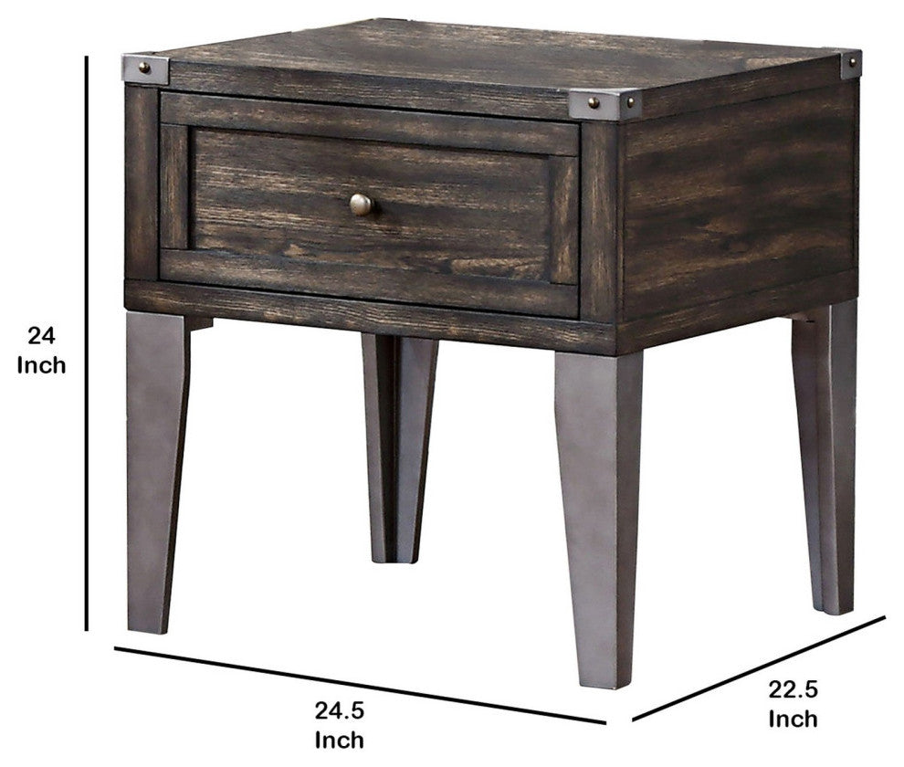 1 Drawer Wooden End Table with Metal Angled Legs, Brown
