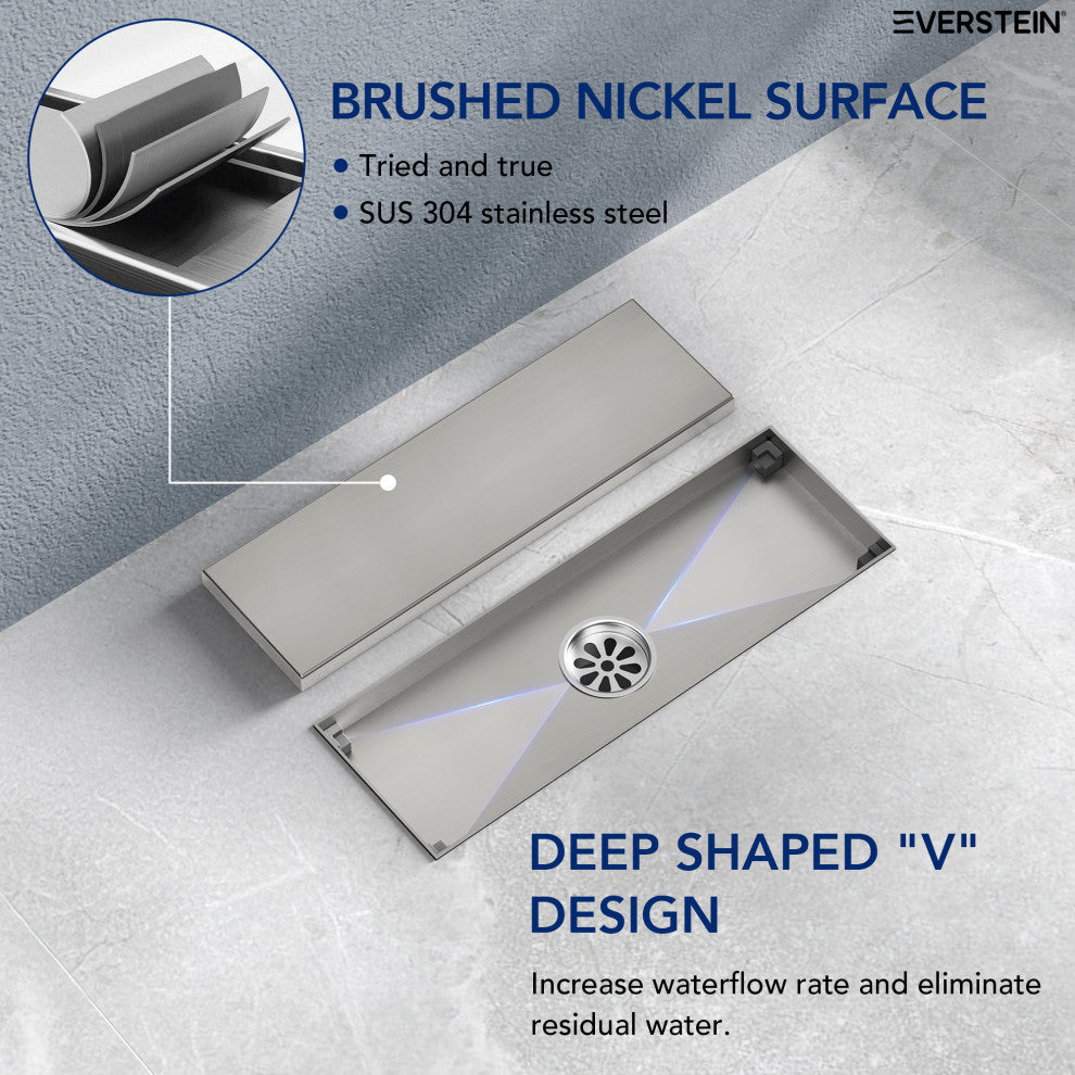 Linear Shower Drain with Hair Strainer and Reversible Tile Insert Cover, Brushed Nickel