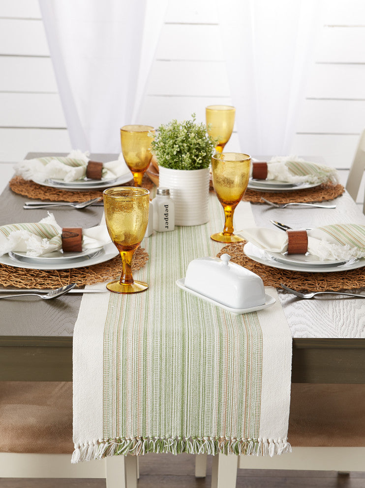 Thyme Striped Fringed Table Runner 14X72