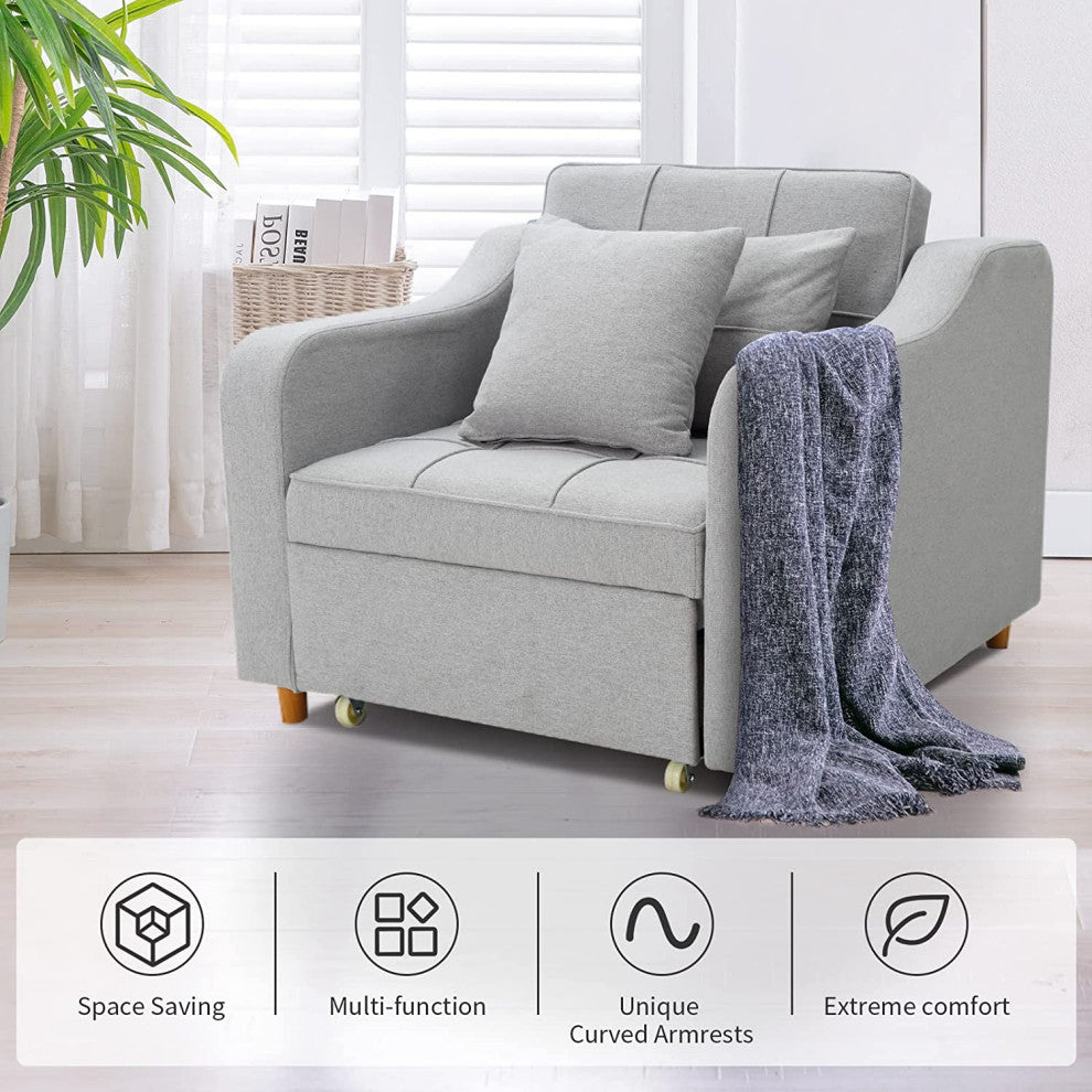 Homrest Sleeper Sofa Bed 3-in-1 Convertible Chair, Light Gray