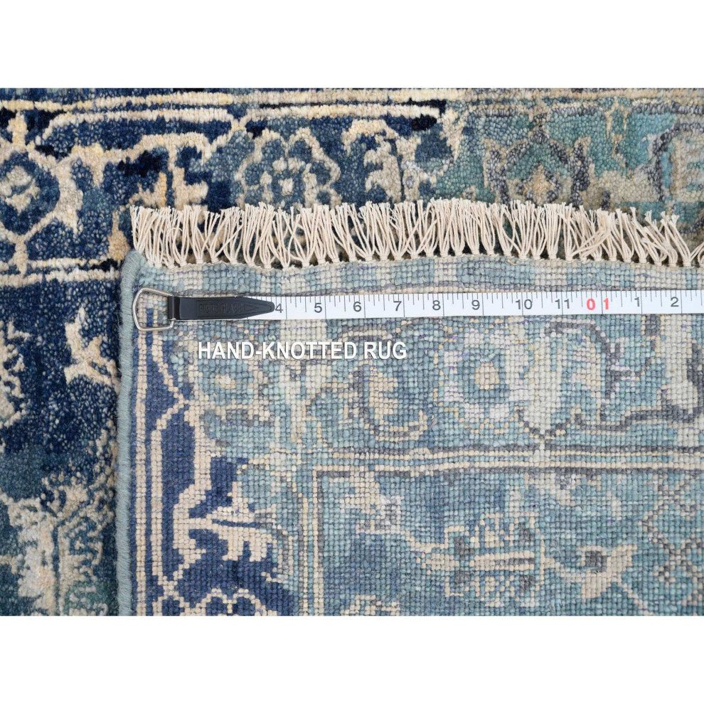 Blue/Teal Erased Wool And Silk Hand Knotted Broken Heriz Runner Rug, 2'7"x10'0"