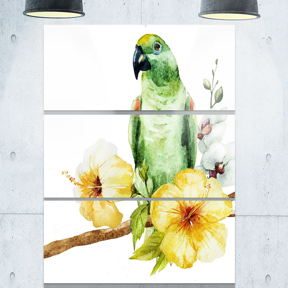 "Parrot With Flowers Watercolor" Painting Metal Wall Art, 3 Panels, 28"x36"