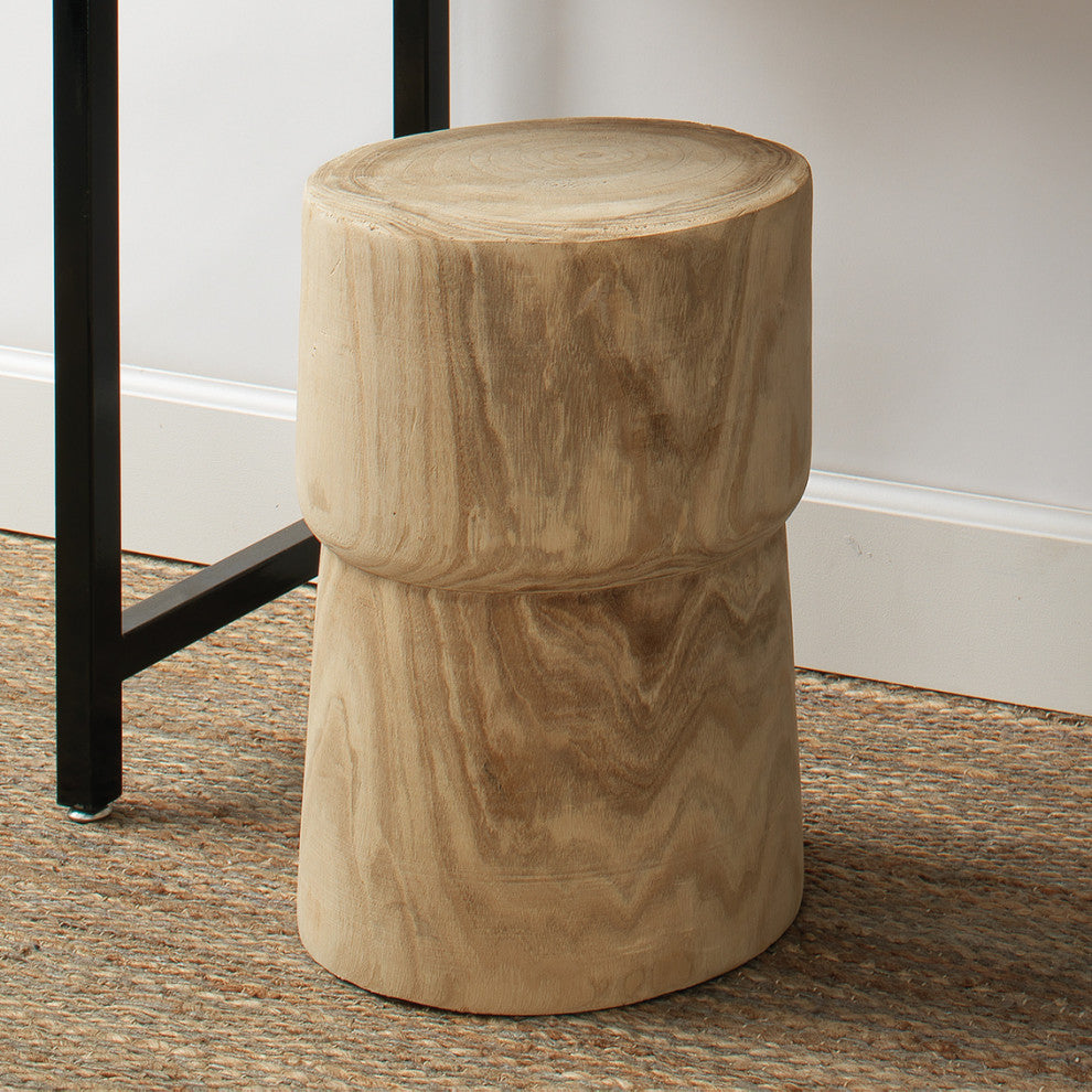Rustic Modern Solid Wood Block Side Table Round Drum Cork Shape Natural Accent
