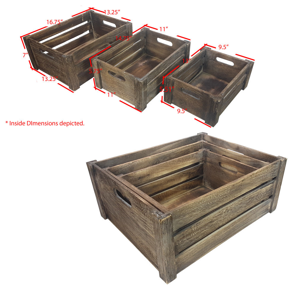Rustic White Set of 3 Distressed Decorative Wood Crates Storage, Brown