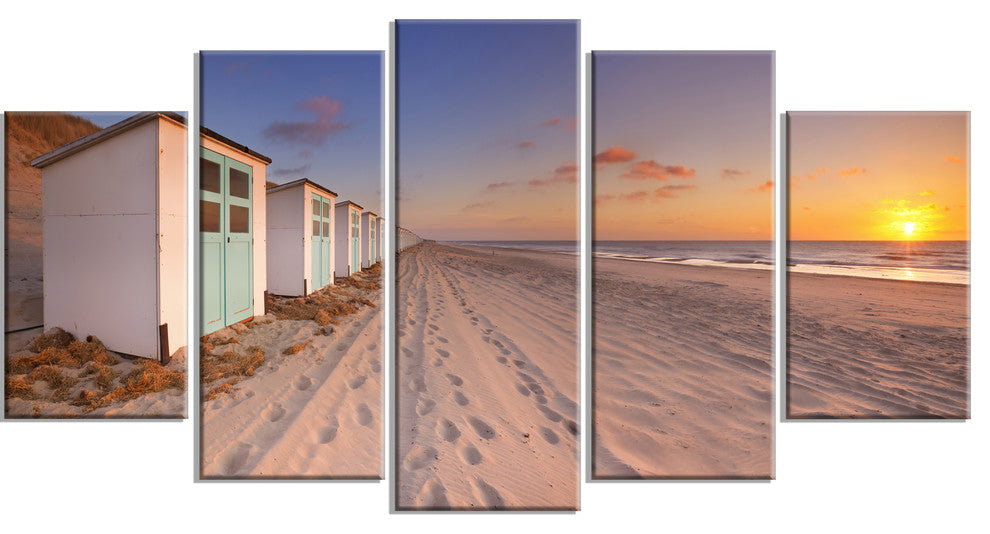 Row of Beach Huts at Sunset, Modern Landscape Canvas Art, 60"x32", 5 Panels