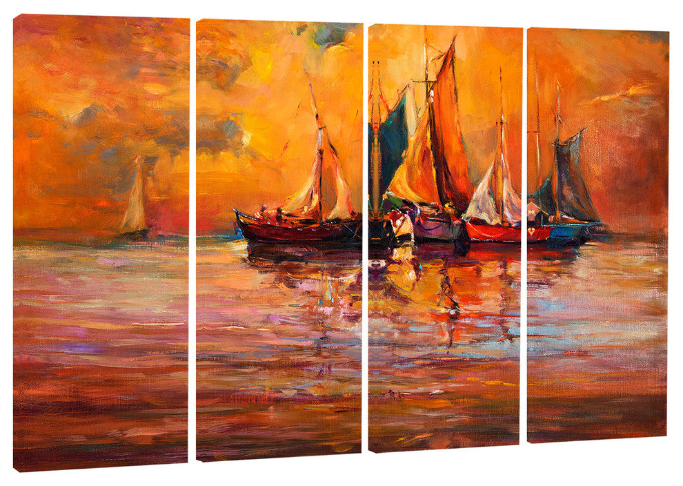 "Boats and Ocean in Red" Canvas Print, 4 Panels
