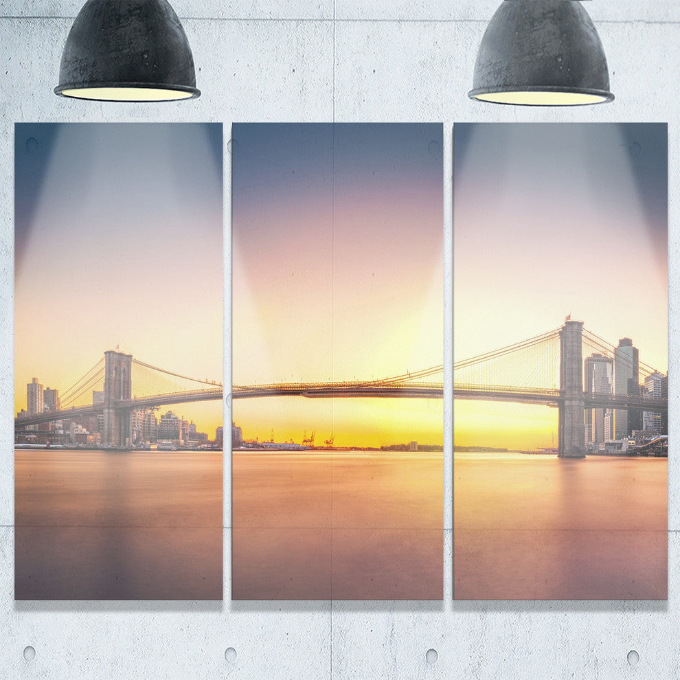 "Brooklyn Bridge Panorama Yellow Sky" Metal Wall Art, 3 Panels, 36"x28"