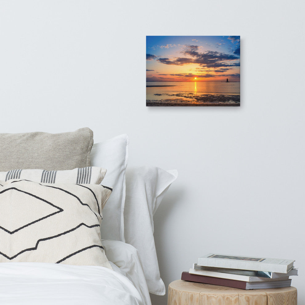 Sunset at Breakwater Lighthouse Coastal Landscape Photo Canvas Print, 12" X 16"