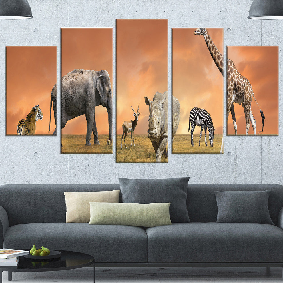 Savannah Wildlife Panorama, African Canvas Art Print, 60"x32", 5 Panels