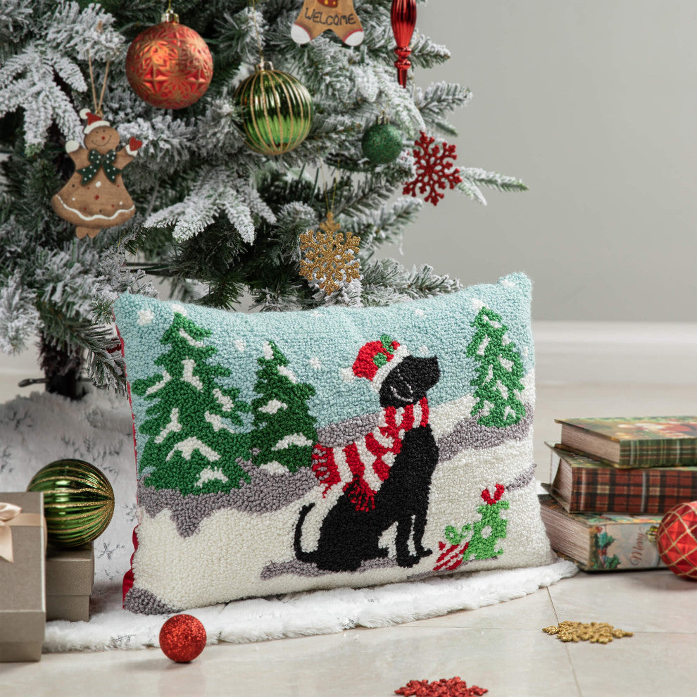18"L Hooked Christmas Pillow Throw Xmas Pillows, Dog