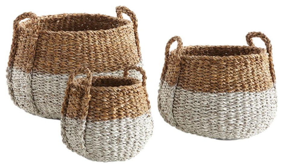Set of 3 Two Tone Woven Sea Grass Storage Baskets Round White Natural 16 12 8 in