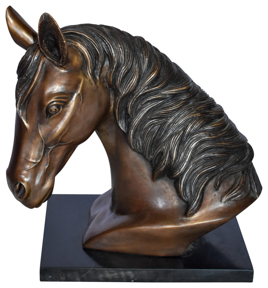 Bust Of a Horse Made of Bronze Mounted on Marble Size: 12" x 6" x 12"H