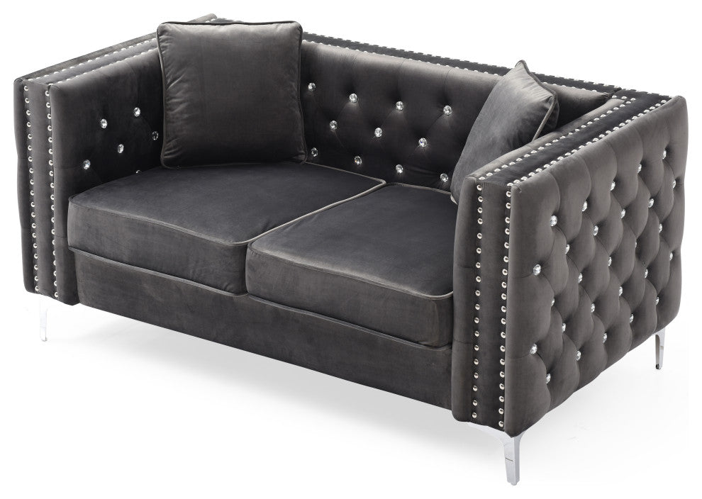 Paige Velvet Tufted Loveseat, Grey