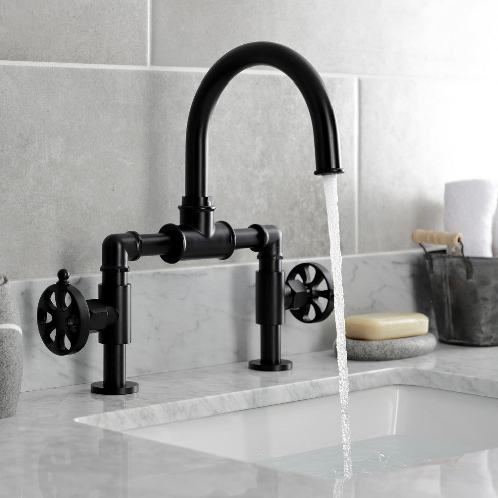 Belknap Style Wheel Handle Bridge Bathroom Faucet With Pop-Up Drain, Matte Black