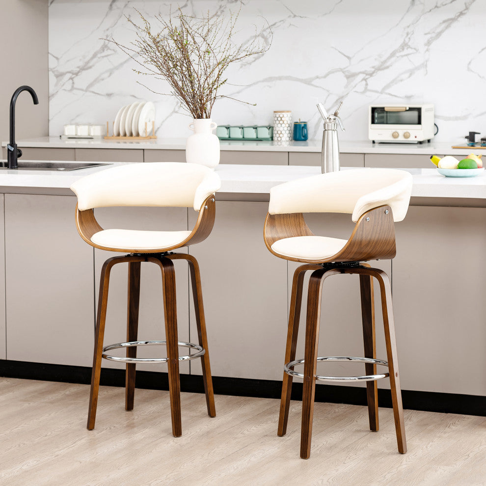 Bentwood Swivel Bar Chair, PU Leather, Set of 2, Cream