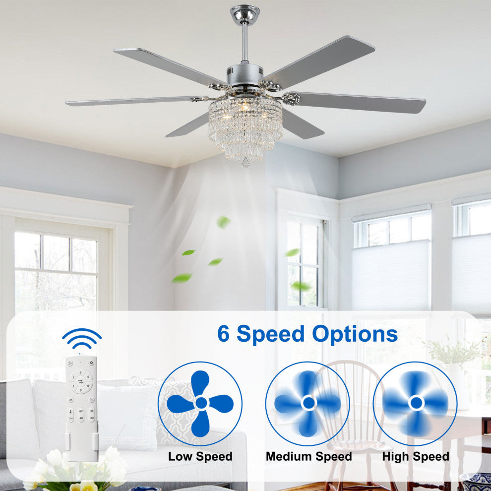 CurveCurio 65" Lagre Ceiling Fan w Crystal Light Shade and Wood Blades, Chrome