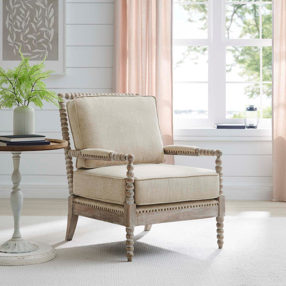 Armchair Accent Chair, Nailhead, Beige, Fabric, Modern, Lounge Cafe Hospitality