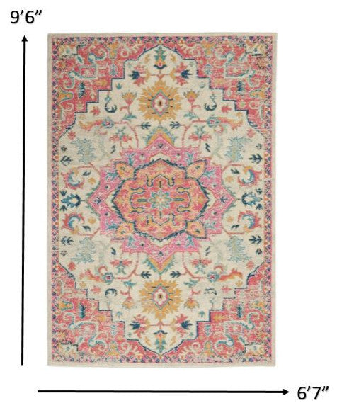 7" x 10" Ivory and Pink Medallion Area Rug