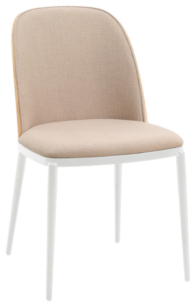 LeisureMod Tule Dining Chair With Upholstered Seat and White Steel Frame, Natural Wood/Brown