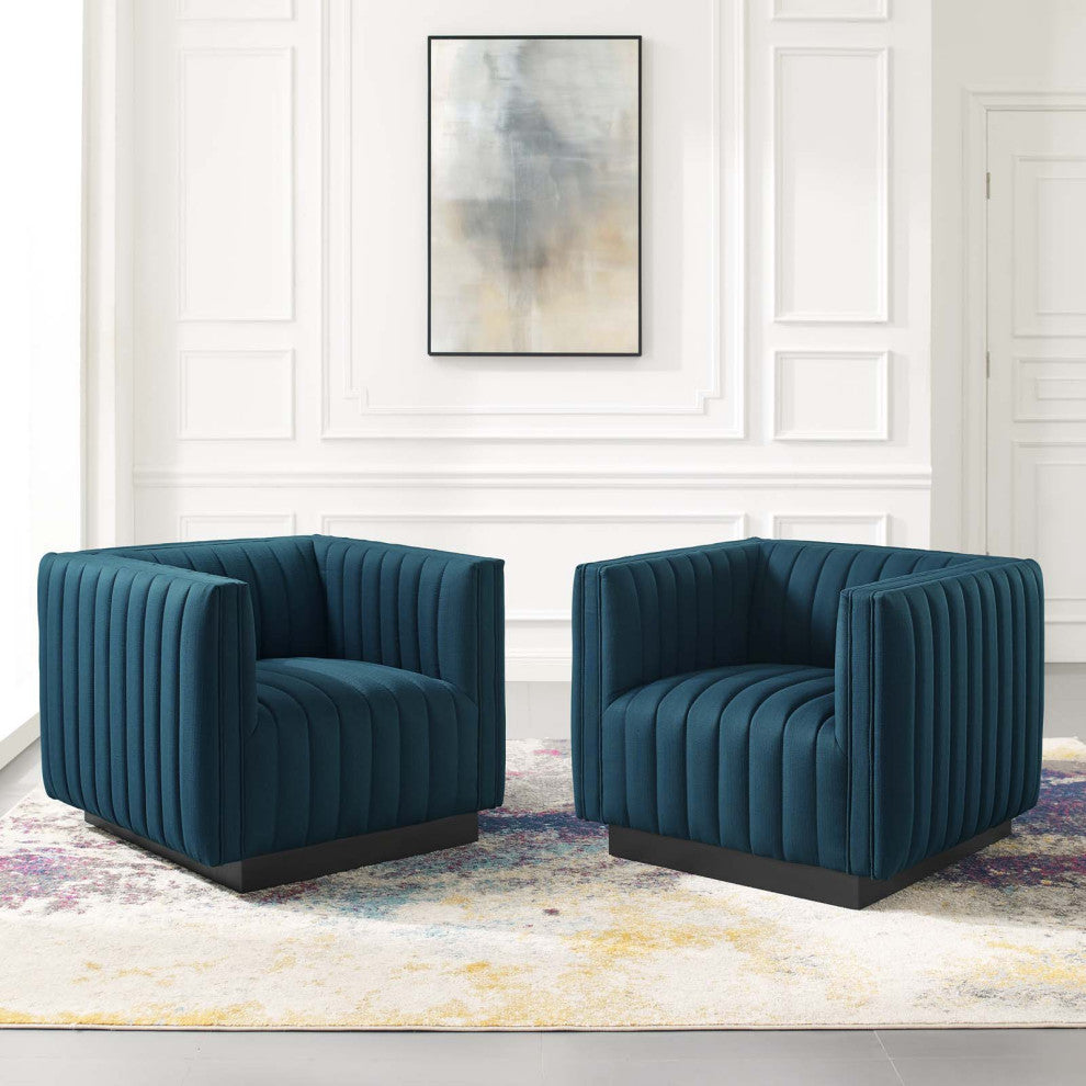 Tufted Armchair Accent Chair, Set of 2, Fabric, Navy Blue, Modern, Lounge