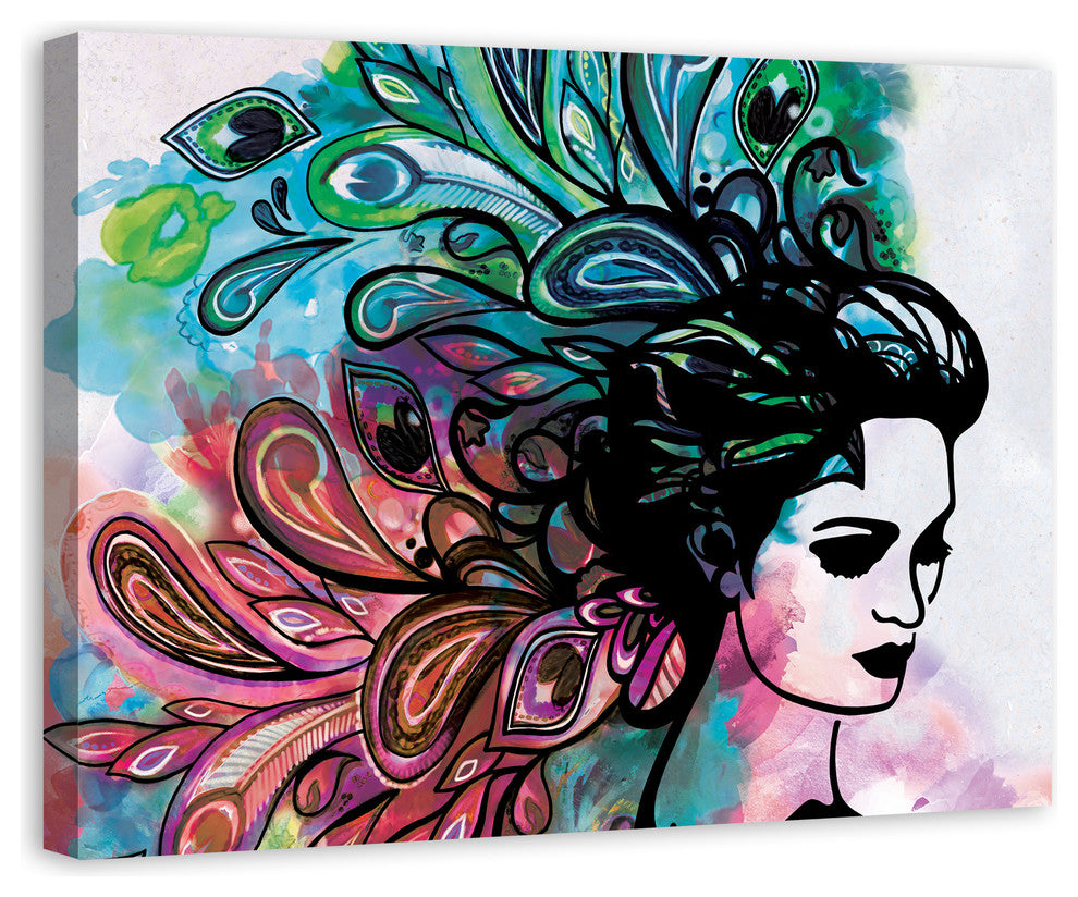 Woman With Watercolor Peacock Feather Hair 30x40 Canvas Wall Art