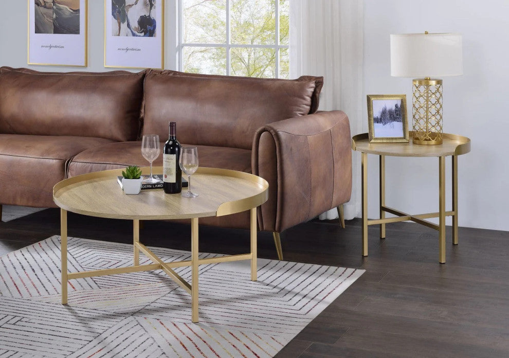 End Table, Oak Table Top with Gold Finish Frame