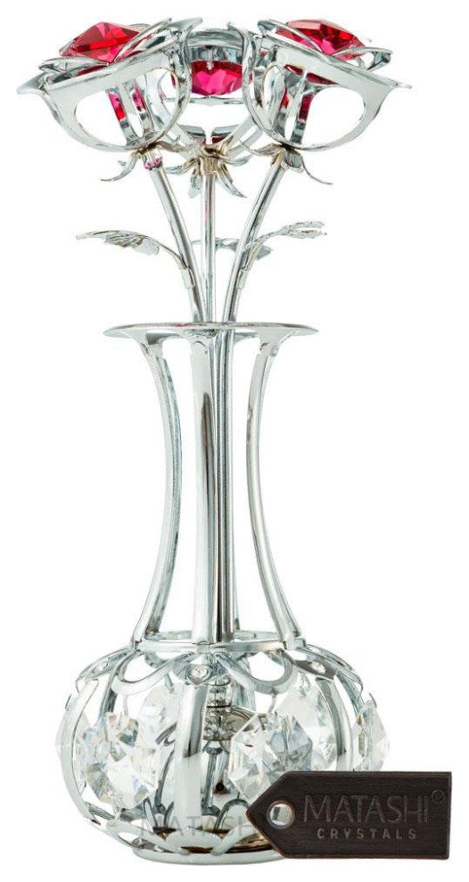 Chrome Plated Flowers Bouquet and Vase With Red and Clear Crystals Home Decor