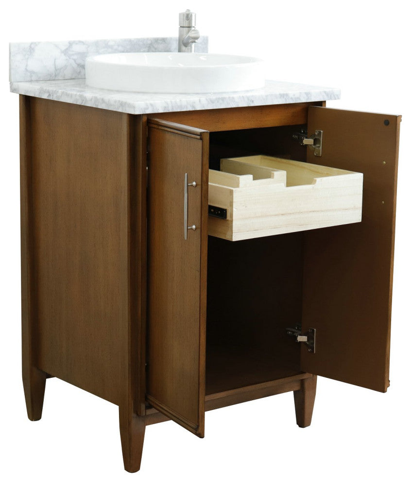 25" Single Sink Vanity, Walnut Finish, White Carrara Marble and Round Sink