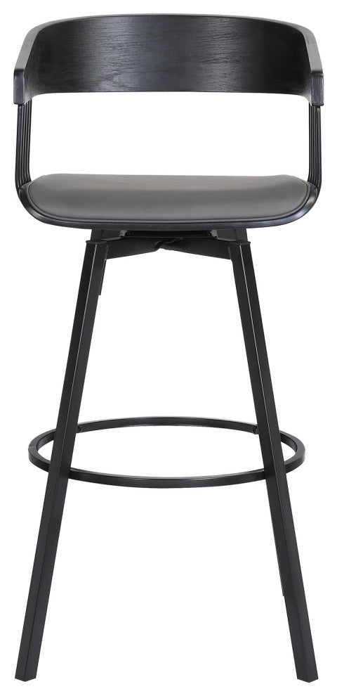 Athena 27" Swivel Black Wood Counter Stool in Gray Faux Leather with Black Metal, 31