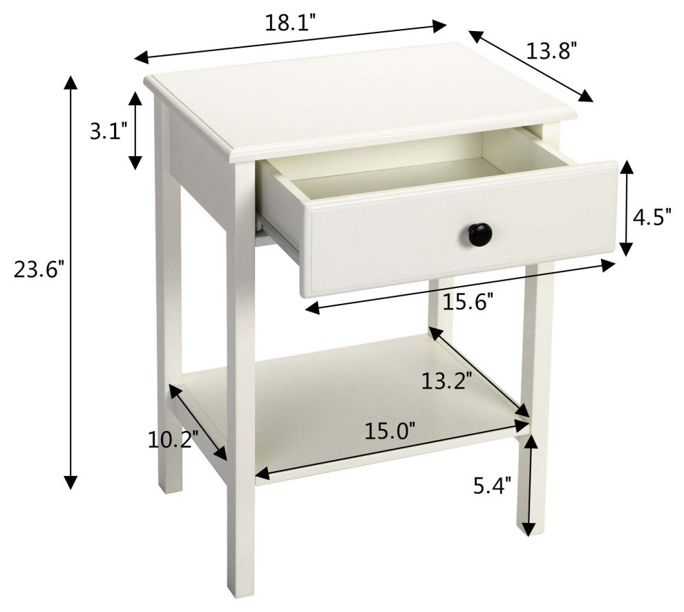 2 Set Wood Nightstand with 1-Drawer and Open Shelf in White