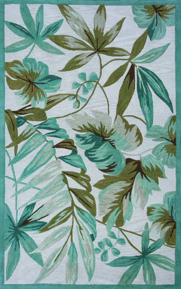 HomeRoots 3'x5' Ivory Teal Hand Tufted Tropical Leaves Round Indoor Area Rug